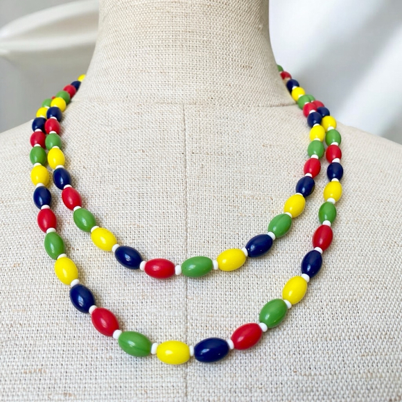 Long Antique Art Deco Czech Harlequin Multicolour Glass Flapper Necklace 40” - Picture 5 of 5